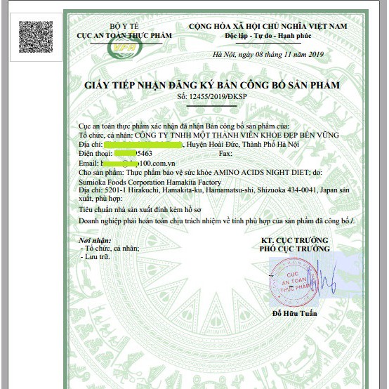 Đăng ký công bố sản phẩm Natural White Premium Orihiro