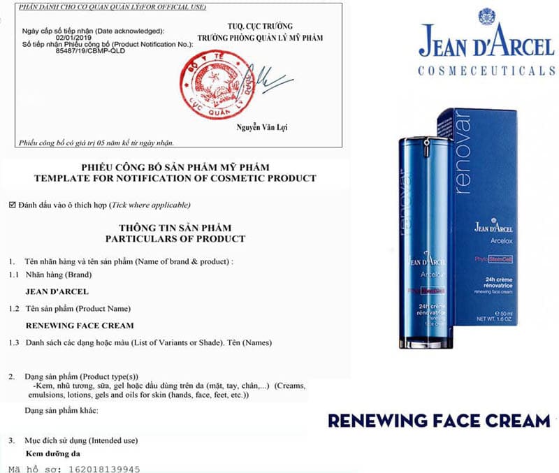 jean d'arcel renewing face cream