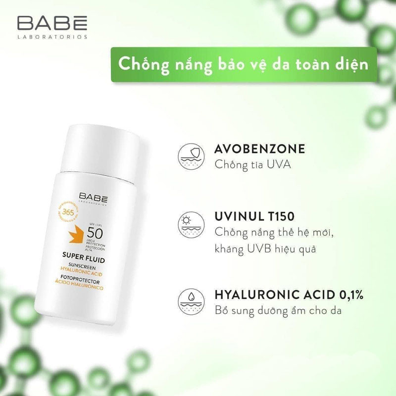 Kem chống nắng BABE Super Fluid Sunscreen Hyaluronic Acid SPF 50