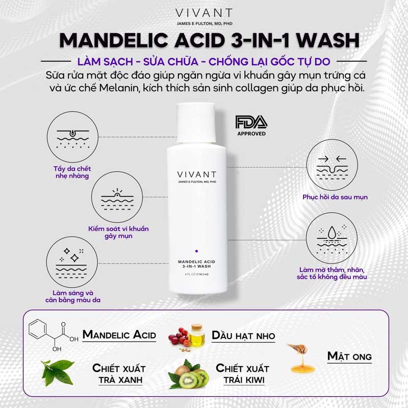 Vivant mandelic acid 3-in-1 wash